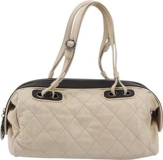 Chanel Sport Line Bowler Quilted Leather Beige Leather Handbag (Pre-Owned)