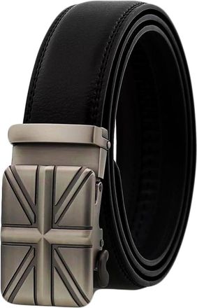 Generic QHA Mens Ratchet Leather Belt Union Jack British Flag Automatic Buckle Q53-Black-32-36