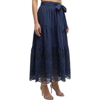 Change of Scenery Jenni Tiered Belted Eyelet Smock Waist Skirt in Navy Calypso Eyelet at Nordstrom, Size X-Small
