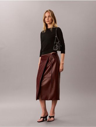 Calvin Klein Womens Faux Leather Midi Wrap Skirt - Red - 10
