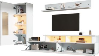 STILVORA Mueble Tv Con Vitrina Y Estante De Pared, 3 Puertas, Led, Frente Brillante, Para Sal&oacute;n, En Tablero De Part&iacute;culas, Blanco
