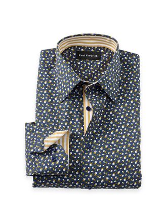Paul Fredrick Tailored Fit Comfort Stretch Non-iron Floral Dress Shirt With Contrast Trim