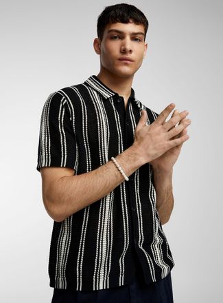 Le 31 Mens Striped pointelle knit shirt