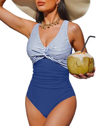 Holipick Women Tummy Control One Piece Swimsuit - Push Up Bathing Suit Full Coverage Slimming Swimwear, Blue Striped, XXL
