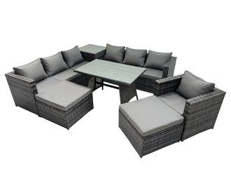 Fimous Garden Rattan Furniture Set 9 Seater with Side Table 2 Big Stool in Dark Grey