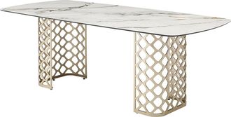 Vente-Unique Mesa de comedor para 8 comensales de vidrio templado y cer&aacute;mica - Efecto m&aacute;rmol blanco y dorado - GOLDENA