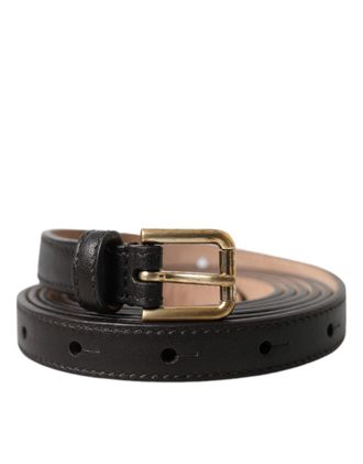 Dolce & Gabbana Womens Black Leather Long Skinny Gold Metal Buckle Belt Calf