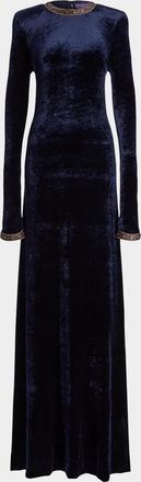 Ralph Lauren Collection Nancie Strong-Shoulder Velvet Long-Sleeve Evening Dress