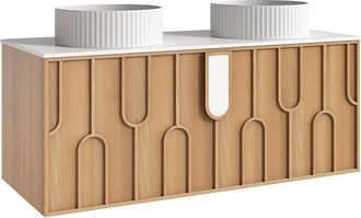 Vente-Unique Mueble de ba&ntilde;o texturizado suspendido con doble lavabo sobre encimera redondo estriado - Natural claro - An. 120 cm - MERKAN