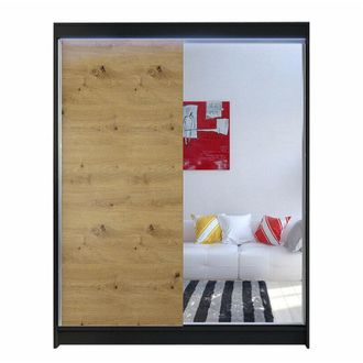 Mirjan24 Armario Atlanta 140, Negro + Roble Artisan, 200x150x58cm, Puertas De Armario: Correderas, Led