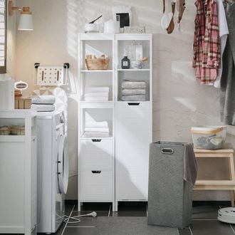 SoBuy Bathroom Tall Cabinet - Pull-Out Laundry Basket - Modern in White