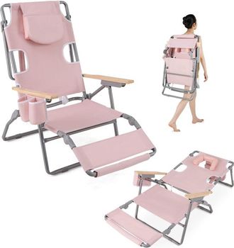 Costway 3-IN-1 Foldable Beach Chair Lay-Flat Tanning Chair w/ Face Hole-Pink
