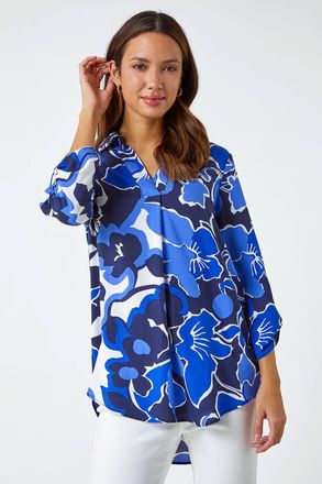 Roman Floral Print V-Neck Pleat Front Top
