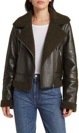 Vigoss Faux Shearling Moto Jacket in Olive at Nordstrom Rack, Size X-Large