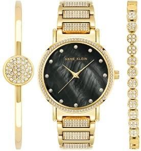 Anne Klein Quartz Gold-tone Ladies Watch and Bracelet Set AK-4004BKST