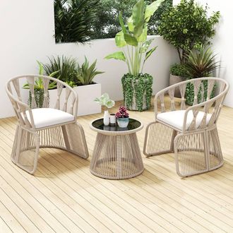 Costway Costway Set of 3 Rope-Woven Armchairs & Table Patio Chair Set W/Glass Tabletop