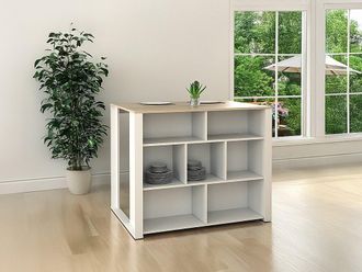 Vente-Unique Isola centrale da cucina con vani portaoggetti 7 nicchie Bianco e Rovere - OPOLE