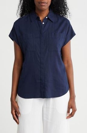 Caslon Double Pocket Linen Blend Camp Shirt in Navy Still at Nordstrom Rack, Size X-Large
