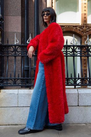 Warehouse Womens Red Maxi Belted Fur Coat - Size 10 UK
