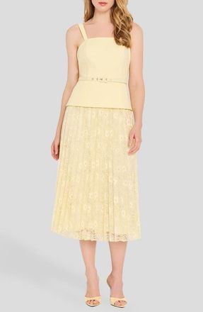 Tahari by ASL Mixed Media Belted Boucl&eacute; & Lace Midi Dress in Buttercup at Nordstrom, Size 14