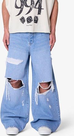 mnml Thermal Patch Relaxed Wide Leg Ripped Jeans in Blue at Nordstrom, Size 36