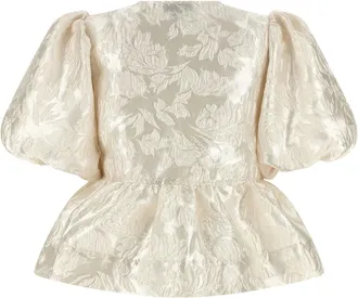 Ganni Satin Jacquard Peplum Blouse - Cream