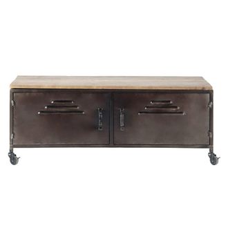 Maisons du monde Mueble de TV industrial con ruedas 2 puertas de acero y abeto 115 cm