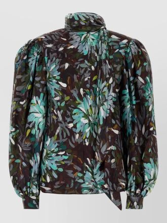 Gucci floral twill blouse high neck tie sleeves