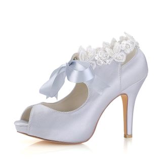 Emily Bridalwear Silver Wedding Shoes Silk Peep Toe Lace Up Wedding Guest Shoes High Heel Bridal Shoes (EU39/UK6, Silver)