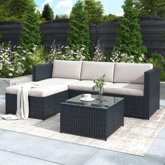 Direct Wicker Outdoor Rattan Furniture Corner Sofa Set Garden Entertaining Set in Black | Size: 4 Person
