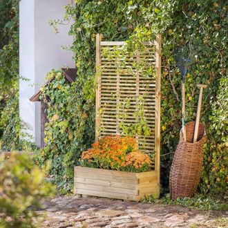 PRIMROSE Wooden Trough Planter 90cm x 40cm With Venetian Style Trellis 1.8m in Natural | Size: 90 cm x 40 cm