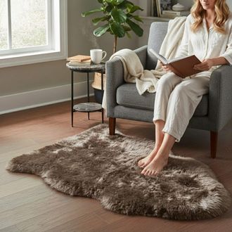 Infinity Leather Genuine Taupe Sheepskin Natural Silky Soft Fluffy Real Wool Rug