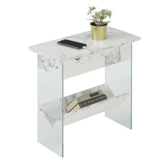 Convenience Concepts SoHo Flip Top End Table with Charging Station and Shelf, White Faux Marble/Glass