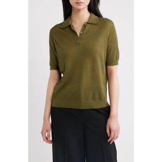 Theory Semisheer Linen Blend Polo in Forest Moss at Nordstrom, Size X-Small