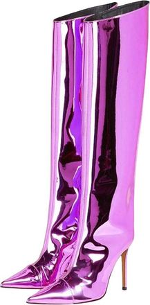 Generic Women High Heel Patent Leather Knee-High Boots Pointed Toe Reflective Design Boots