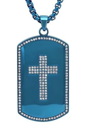 Steeltime Mens 18k Gold Plated Crystal Cross Dog Tag Necklace in Blue at Nordstrom Rack