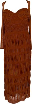 Self Portrait Shirred Midi Dress in Brown Polyester