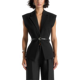Mani&egrave;re De Voir Linda Tailored Wide Shoulder Cinched Waistcoat in Black at Nordstrom, Size 12