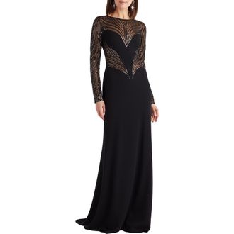 Tadashi Shoji Sequin Mesh Long Sleeve Gown in Black/Silver at Nordstrom, Size 2