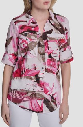 DKNY Printed Roll-Tab Cuff Cotton Button-Up Shirt in Spring Wisps at Nordstrom, Size X-Small