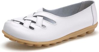 Generic Womens Orthopedic Comfort Loafers Stylish Orthopedic Leather Shoes Hollow Soft Flats Sandals Slip-On Shoes (White,3.5)