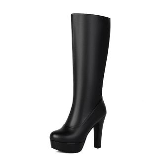 Generic Womens High Heeled Platform Long Boots Round Toe Knee High Boots PU Leather Party Prom Shoes with Side Zipper,Black,6.5 UK