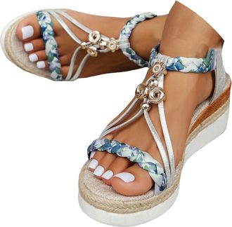 Generic Wide Width Wedge Sandals For Women,2026 Open Toe Jeweled Beaded Platform Sandals for Women Summer Dressy Strap Walking Shoes Vintage Non Slip Casual S