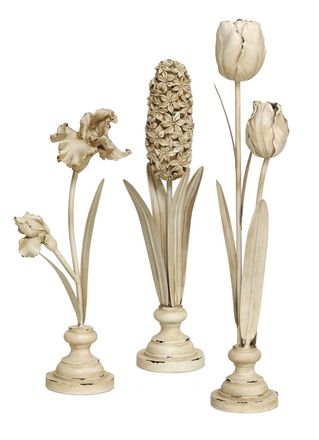 Melrose International Distressed Ivory Floral Stem Sculpture (Set of 3) - Beige