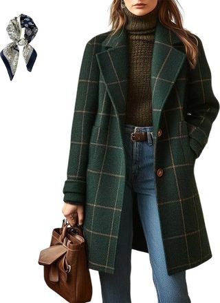 Generic Womens Plaid Retro Pea Coat Winter Notched Collar Plaid Wool Trench Collar Mid Long Overcoat Outerwear(Green,XL)