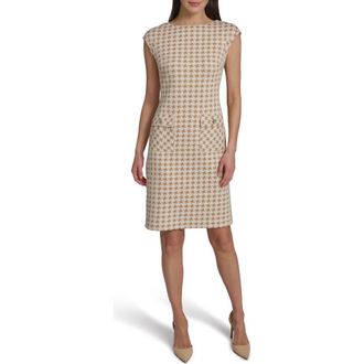Tommy Hilfiger Cap Sleeve Houndstooth Sheath Dress in Tan/White at Nordstrom Rack, Size 10