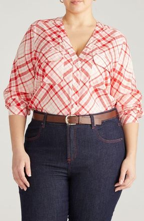 Universal Standard Cooling V-Neck Button-Up Shirt in Red Check Print at Nordstrom, Size 3Xl