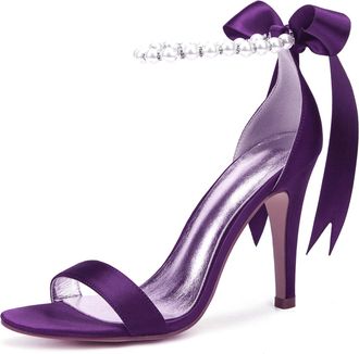 Generic Wedding Shoes Womens Satin Ankle Strap Bridal High Heelsheeled Open Toe Prom Party Dress Stiletto Sandals 10.5Cm,Purple,7 UK