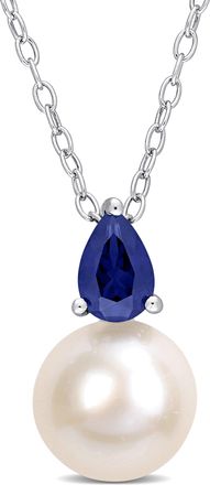 Mimi & Max 8.5-9 MM White Freshwater Cultured Pearl and 5/8 CT TGW Created Blue Sapphire Solitaire Pendant with Chain in Sterling Silver