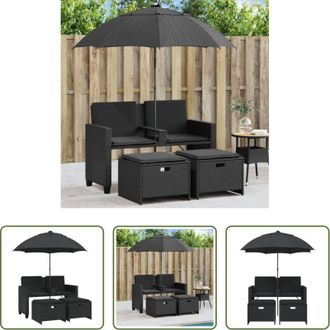 vidaXL Ombrellone da giardino - Divano Giardino 2 Posti Ombrellone e Sgabelli Nero Polyrattan